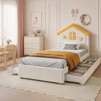 STILVORA Kinderbett 90x200 cm mit 4 Schubladen, Hausbett mit Stauraum und Haus-Kopfteil, Polsterbett mit französischem Samt, Beige