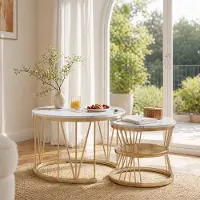 ProximaX Couchtisch Set 2-teilig Rund Weiß Marmoroptik mit Gold Metallgestell