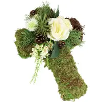 Otto Home Kunstblume "Gesteck mit Rosen auf Kreuz" Kreuzdekoration mit Kunstrosen, Zapfen und Ziergrün
