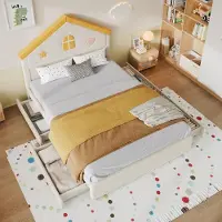 MODFU Kinderbett 140 x 200 gepolstertes Hausbett Jugendbett mit 4 Schubladen und Haus-Kopfteil, Polsterbett aus Samt,ohne Matratze,Beige