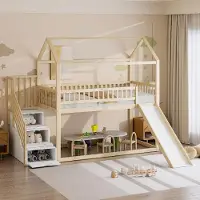 ALFORIGO Hochbett 90x200 cm, Massivholz mit Stauraum, Kinderbett mit Geländer und Leiter, Holzbett mit Rutsche und Lattenrost, holzfarben