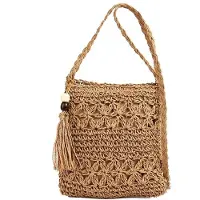 Benza Ibenzoa Boho-Stroh-Schultertasche für Damen – handgewebt mit Quasten, 23 x 8 cm, Baumwollkordel & hohles Gewebe, Sommer- und Strandtasche