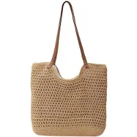 Benza Ibenzoa Geflochtene Strandtasche für Damen – Polyester Beachbag 33 x 33 cm, leichte faltbare Urlaubstasche mit Reißverschluss, Innenfach & Schulterriemen