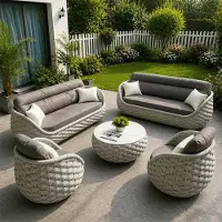 360Home 5-teiliges Gartenmöbel-Set aus Polyrattan–2 Einzelsessel, 2 Dreisitzer, 1 Tisch–wetterfest, wasserfest, ideal für Garten und Balkon Cremeweiß /TBSF-B/