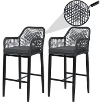 Mendler 2er-Set Rope-Barhocker HWC-P91, Barstuhl Tresenhocker, Outdoor Sitzpolster Seilgeflecht Metall anthrazit