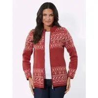 Sieh an! Strickjacke SIEH AN "Jacquard-Strickjacke Jacquardstrickjacke im Norweger-Stil", Damen, Gr. 46, rot (kirsche, ecru, gemustert), Modisch, Strickjacken Strickjacke