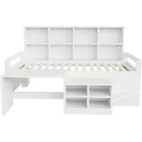 STILVORA Kinderbett 90x200 cm mit Schreibtisch, Stauraum und Steckdosen, Einzelbett mit LED-Lichtleiste und Ablagefächern, Jugendbett Weiß,Massivholz