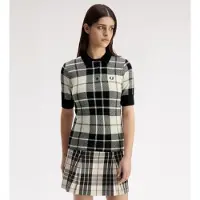 Fred perry für Damen. K3157 Poloshirt aus Strick mit Tartanmuster in Bouclé, weiß, schwarz (40), Lässig, Baumwolle, Kurzarm