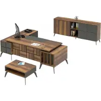 AEA Arbeitszimmer Set Arbeitstisch L-Form Couchtisch Sideboard Braun Grau