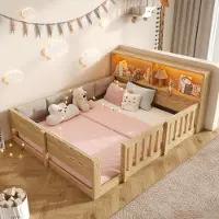Flieks Kinderbett 140x200cm mit Led, Bodenbett Holzbett mit gepolsterter Rückenlehne, Kinderbett mit Staufächern und Rausfallschutz, Naturbelassen