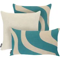 Beliani Gartenkissen 3er Set Beige u. Blau Polyester Leinen Rechteckig Quadratisch Abstraktes Muster Moderner Stil Outdoor Kissen