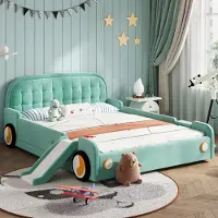 Ulife Abenteuer Kinderbett mit Rutsche und Treppe, beidseitig montierbar, komfortables Polsterbett , Spielbett mit Schutz – in Blaugrün Maße: 140x200 cm