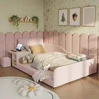 Ulife Kinder-Einzelbett in Samt , mit integriertem Schreibtisch und Hocker, weiches Kopfteil, Ablageboden, Holzlatten, Pink，Größe 90x200 cm