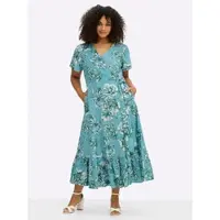 Sheego Wickelkleid BY JOE BROWNS "Kleid Wickelkleid mit Volant am Saum", Damen, Gr. 58, N-Gr, aquamarin, smaragd, gemustert, Elegant, V-Ausschnitt, Kleider Wickelkleid