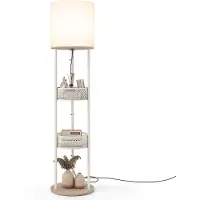 Costway Stehlampe 158cm, Stehleuchte mit Leinen-Lampenschirm, Zugschalter, Regale, Aufbewahrungskorb & stabiler Holzsockel, Leselampe Standlampe