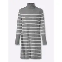 HEINE Strickkleid "Strickkleid Strickkleid mit Ringelmuster", Damen, Gr. 42, N-Gr, grau (grau, ecru, gestreift), Modisch, Kleider Strickkleid