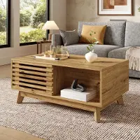 OKWISH Moderner Couchtisch mit Jalousietür und höhenverstellbarer Tischplatte, Sofatisch mit offenen Fächern, Natur