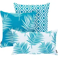 Beliani Gartenkissen 3er Set Blau Stoffbezug mit Füllung 45x45 cm u. 30x50 cm Palmenmuster Geometrisches Muster Mediterrane Boho Dekokissen Outdoor