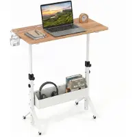 Costway Stehpult Höhenverstellbar 70-117cm, mobiler Schreibtisch auf Rollen mit Stoffkorb, Tablet-Rille&drehbarer Getränkehalter,Steh-Sitz Laptoptisch