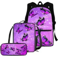 Sonstiges Schultaschen-Set 3-teilig mit Rucksack, Lunchbox, Federmäppchen, Kristall-Schmetterling-Design
