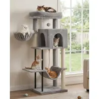 Merkloos Katzenkratzbaum Turm mit Stahlrohr - 110 cm hoch mit Hängematte und Condo (Hellgrau)