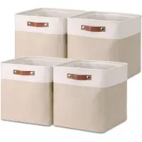Merkloos Faltbare Aufbewahrungsboxen - Set von 4 - Leinen mit Ledergriffen