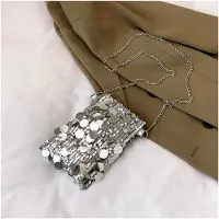 Markenlos Glitzernde Clutch in Silber, Elegante Handtasche für Damen, Große Abendtasche für Festlichkeiten und Reisen, Silberne Pailletten mit Schulterriemen