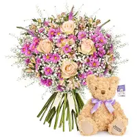 Merkloos Frisches Blumenbouquet Rosa Sommersonate - Elegantes Geschenk mit Kuscheltier