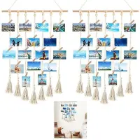 Benza Ibenzoa Boho Macramé-Fotohänger Set – 2x Wanddekoration 68×40 cm mit Holzstange, Baumwollkordel, Holzperlen & 30 farbigen Holzklammern