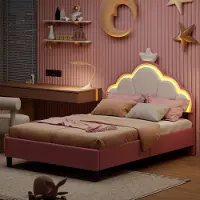 UnboxG Kinderbett 90 x 190 cm Samt, Polsterbett mit LED, höhenverstellbarem Kronen-Kopfteil und Lattenrost