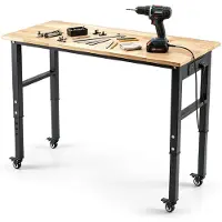Costway Werkbank mobil mit 116cm Gummiholzplatte, Steckdosen & Rollen, Arbeitstisch höhenverstellbar, Multifunktionswerktisch bis zu 150kg