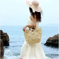 Markenlos Strohtasche mit Blumenperlen für Damen – Große Sommer Strandtasche mit verstellbarem Riemen