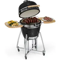 Klarstein Kamado-Grill - zum Grillen, langsamen Garen, Smoken oder Backen, abnehmbare Seitenteile, Keramik, Edelstahl, Bambus, Thermometer von 0-450 °C, 3 Rollen, 75 x 132 x 125 cm, schwarz