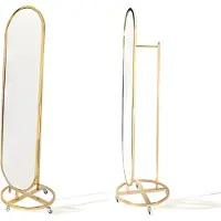 AEA Ovaler Standspiegel in goldenem Metallrahmen auf rundem Sockel mit Rollen