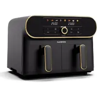 Klarstein AuraAir Color Touch Dual Heißluftfritteuse – 11L Dual-Kammer Airfryer, 1700 W, 8 Programme, Touchscreen, Weniger Fett, Antihaft, Überhitzungsschutz, Automatische Abschaltung, Schwarz/Gold