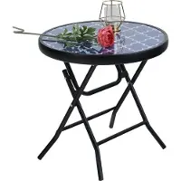 Unyqoos Klappbarer runder Beistelltisch 46 x 46 x 48 cm – ESG-Glasplatte & Metallgestell mit E-Coating, montagefrei, stabil für Balkon, Garten, Terrasse und Wohnzimmer