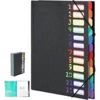 OEM A4 Dokumenthalter 12 Fächer - 180°-Öffner - mit elastischem Gurt und Regenbogenetiketten - schwarz