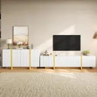 Merax Wohnzimmer Möbel Set, TV Lowboard Set mit Sideboard, TV Schrank, Wohnzimmermöbel mit Rillenfront und Stauraum, aus PB und MDF, Weiß