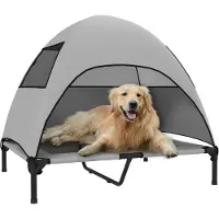 PawHut Hundeliege Outdoor mit Dach Erhöht Stahlrahmen 91x76x90cm Hellgrau