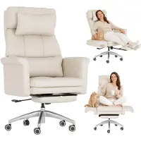 FlexiSpot HC4-FA Ergonomischer Bürostuhl, 180° klappbare Armlehnen, kratzfestes Kunstleder, höhenverstellbare Kopfstütze, 90–130° verstellbar, Beige