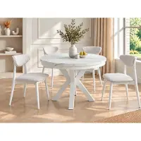 WFL GROUP Runder Ausziehbarer Esstisch im Loft-Stil - Industrieller Tisch in Weißer Marmoroptik mit Weißen Metallbeinen - Platzsparender Tisch für Wohnzimmer - Marmor Weiß - 100 bis 180 cm