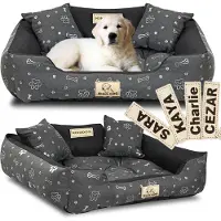 AIO Factory KINGDOG Hundebett 75x65 cm personalisierbar, wasserdicht, silberfarben, Knochen