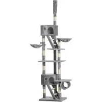 Moonbite Kratzbaum 240–260 cm deckenhoch mit Zugstab, Kletterbaum mit Höhlen, Körben, Tunnel und Leitern, Sisal-Kratzpfosten, Plüsch, Hellgrau