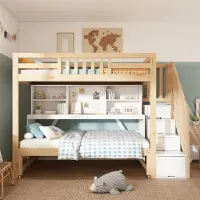 MODFU Etagenbett Kinderbett 90x200&90x190 cm, Multifunktionales Hochbett mit ausziehbarem Bett auf Rollen,Holzbett Bettgestell,Eiche(ohne Matratze)
