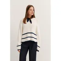 Bugatti Rundhalspullover , Damen, Gr. L, beige (20, ecru), 62% Baumwolle, 38% Polyamid, gestreift, normal, Rundhals, Rippbündchen, Pullover Rundhalspullover, mit Streifendesign