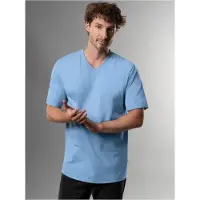 Trigema T-Shirt "V-Shirt DELUXE Baumwolle", Herren, Gr. S, blau (horizont), Single Jersey, 100% Baumwolle, Basic, lang, V-Ausschnitt, Shirts T-Shirt