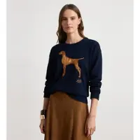 Ralph Lauren für Damen. 200P14120500 Baumwollpullover mit Intarsienhund in Marineblau (L), Lässig, Baumwolle