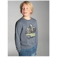 Trigema Longsleeve "Langarmshirt mit großem Bagger-Print", Jungen, Gr. 140, grau (steingrau, melange), Single Jersey, 100% Baumwolle, Basic, Rundhals, Shirts Longsleeve