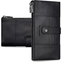 Markenlos Damen Geldbörse mit RFID-Schutz, Echtleder, Clutch-Tasche, 15 Kartenfächer, 2 Reißverschlussfächer, elegante Abendhandtasche in Schwarz