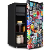 Klarstein Cool Vibe - Kühlschrank, Volumen: 72L, VividArt Concept: Tür mit Stickerbomb-Design Print, Eisfach, Eiswürfelform, Geräuschentwicklung: 42 dB, schwarz